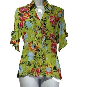 Vintage Caviar Crinkle Accordion Bright Floral Pleated Button Up Blouse Size S